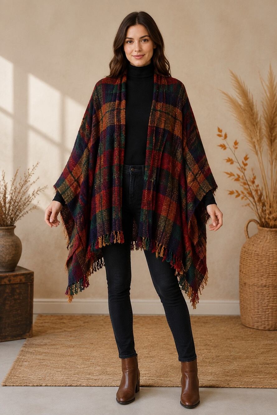 Vintage Churchill Handwoven Plaid Fringe Poncho Cape … - Gem